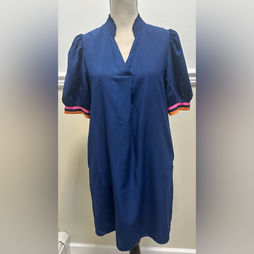 THML Navy Shift Dress M Orange Pink Trim Pockets Preppy Travel Casual Cottage